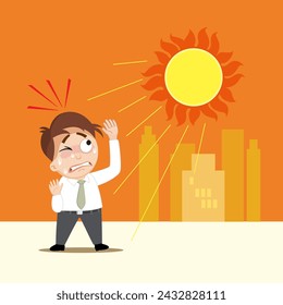 Hand drawn a employee man standing under sun light on a hot day. Angry sun Stock, Unhealthy heat, Heat Wave concept. Flat, Poster, Vector, Illustration, Cartoon, EPS10. 