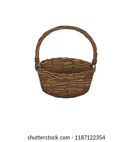 Hand drawn empty basket. Illustration of Basket isolated on white background. Autumn harvest symbol, logo, emblem. Natural food for farmers market. Vector. 