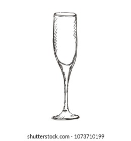 Hand drawn empty glass of champagne. Sketch, vector illustration.