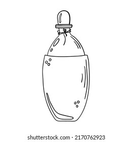 Frasco de perfume de vidrio vacío dibujado a mano aislado sobre un fondo blanco. Doodle, simple ilustración de contorno. Se puede usar para la decoración de textiles, papel.