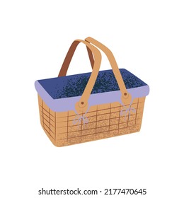 Cesta de picnic de paja vacía dibujada a mano en estilo de dibujos animados planos, aislados en ilustración vectorial blanca con textura granulada