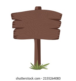 Hand drawn empty wood sign board in green grass on white background. Vector illustration.