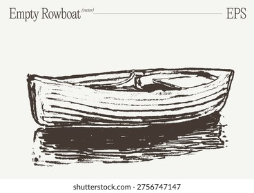 Hand drawn empty wooden rowboat floating on still water in vintage sketch.