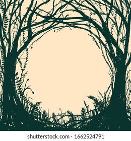 Hand drawn enchanted forest. Vector halloween black and white frame