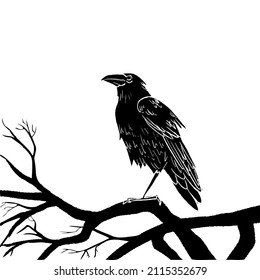 Hand drawn enchanted tree silhouette and black crow. Vector halloween black and white frame