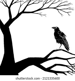 Hand drawn enchanted tree silhouette and crow. Vector halloween black and white frame