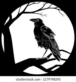 Hand drawn enchanted tree silhouette and black crow. Vector halloween black and white frame