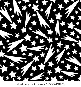Hand Drawn endless magic print with falling stars. Doodle starry night sky vector seamless pattern. White silhouettes on a black background.