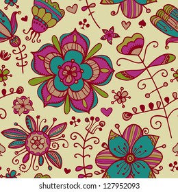 Hand drawn endless natural floral pattern. Seamless ornamental texture. Template for design and decoration