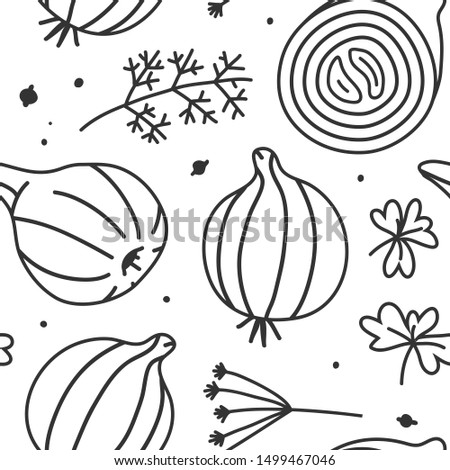 hand drawn endless vector illustration of onion cooking ingredient in modern sketch hanndrawn style. Linear contour seamless pattern of vegetable, good for fabric textile print or wrapping paper.