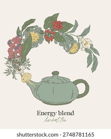 Hand drawn energy herbal blend wreath with teapot illustration. Features green tea; guarana; maca; ginseng; rhodiola in a muted color palette. Suitable for tea packaging, labels and wellness branding.