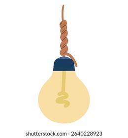 Hand drawn energy saving bulb hanging on a rope on a white background, vector light bulb illustration. Warm yellow color bulb