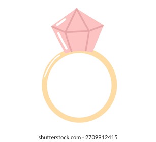 Anillo de compromiso dibujado a mano con una piedra preciosa rosa en un estilo minimalista lindo. Perfecto para el día de San Valentín, diseños de bodas, pegatinas, tarjetas e ilustraciones románticas.