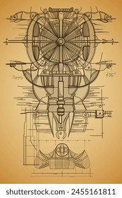 Hand drawn engine drawing. Abstract invention blueprint. Leonardo da Vinci style blueprint. Leonardo da vinci style.