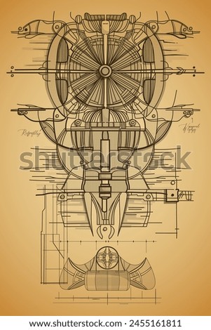 Hand drawn engine drawing. Abstract invention blueprint. Leonardo da Vinci style blueprint. Leonardo da vinci style.