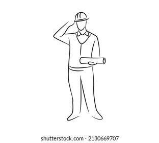 hand drawn engineer holding blueprint document illustration