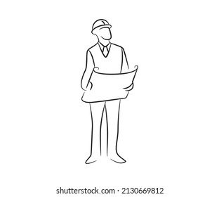 hand drawn engineer reading blueprint document illustration