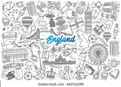 Hand drawn England doodle set background with blue lettering in vector