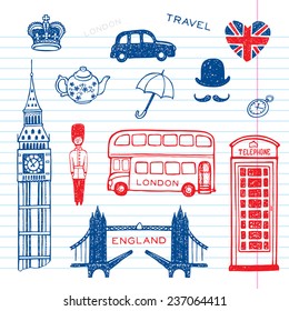 Hand drawn England set, vector illustration