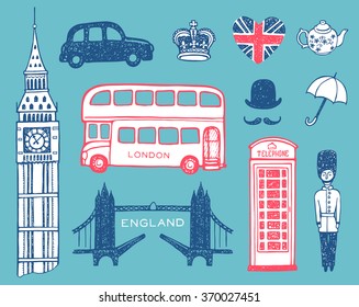 Hand drawn England set, vector illustration