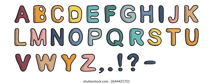 Hand drawn English Alphabet font. Cute doodle font with colorful letters. Fun alphabet for kids lettering vector set. For back to school theme, library, wrapping paper, wallpaper, banners.