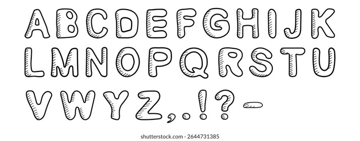 Hand drawn English Alphabet font. Cute doodle font with black letters. Fun alphabet for kids lettering vector set. For back to school theme, library, wrapping paper, wallpaper, banners.