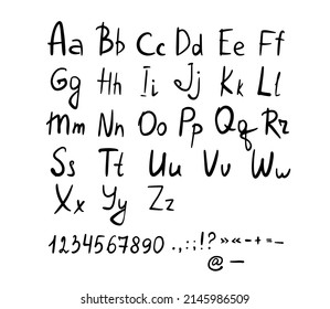 Hand drawn english alphabet. Handwritten font, number, punctuation marks. Simple vector alphabet