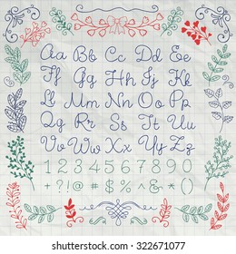 Hand Drawn English Alphabet Letters, Numbers and Symbols on Crumpled Notebook Paper Texture. Education Set. Decorative Floral Design Elements. Pen Drawing Sketched Vector Illustration