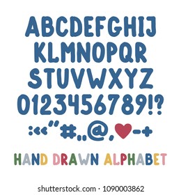 Hand drawn english alphabet, punctuation marks and numbers. Simple flat font isolated on white background. Vector illustration,eps 10.