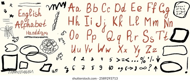 A hand drawn English alphabet with uppercase, lowercase letters, numbers, doodles, and symbols, showcasing playful, creative, and artistic typography. Vector illustration