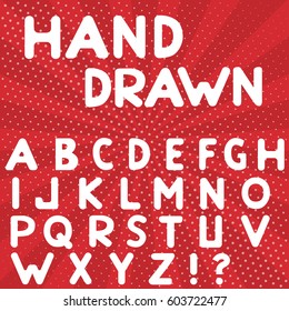 Hand drawn English alphabet. White font on striped background