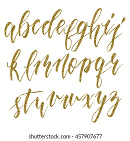 Hand drawn english calligraphic alphabet with gold glitter texture. Each letter isolated on a white background. Vector illustration.