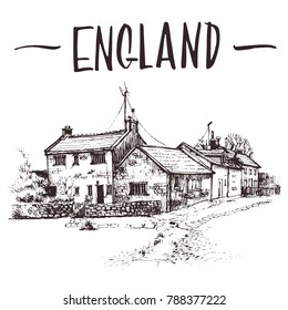 Hand drawn English cottage, townhouse urban sketch. Hand-drawn book illustration, touristic postcard or poster template in vector