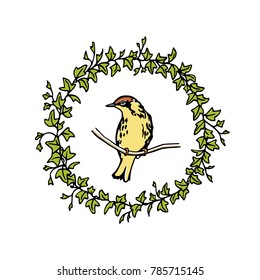 Hand Drawn English Ivy Wreath With A Small Bird Made In Vector. Beautiful Floral Design Elements, Ink Drawing, Logo Template