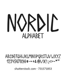 Hand drawn english lettering alphabet Nordic with examples of this font. Modern ink brush handwritten letters isolated on the white background