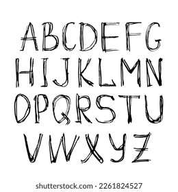 Hand drawn english lettering font isolated on white background. Alphabet, abc. Vector letters for logo, inscription, signboard, design.
