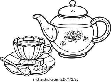 Hand Drawn English style tea set illustration in doodle style isolated on background