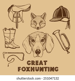 Hand drawn English traditional foxhunting set. Foxhound, fox, riding boots, riding hat, saddle, riding whip, hunting horn