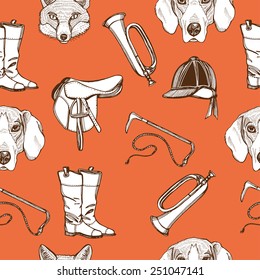 Hand Drawn English Traditional Foxhunting Seamless Pattern. Foxhound, Fox, Riding Boots, Riding Hat, Saddle, Riding Whip, Hunting Horn