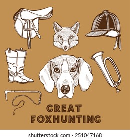 Hand Drawn English Traditional Foxhunting Set. Foxhound, Fox, Riding Boots, Riding Hat, Saddle, Riding Whip, Hunting Horn. Brown Background