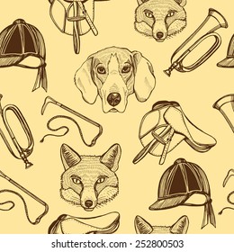 Hand Drawn English Traditional Foxhunting Seamless Pattern. Foxhound, Fox, Riding Hat, Saddle, Riding Whip, Hunting Horn, Brown Background.