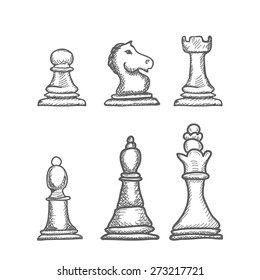 Hand Drawn engrave Chess Figures Vector illustration