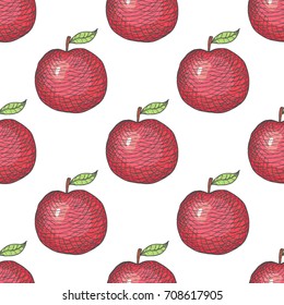 Hand Drawn Engraved Apple Seamless Pattern Background. Vector illustration