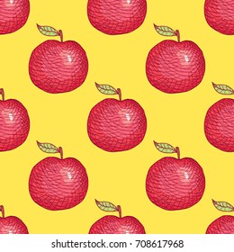 Hand Drawn Engraved Apple Seamless Pattern Background. Vector illustration