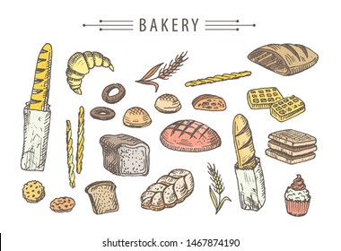 Hand drawn engraved bakery products set isolated on white background, Bread, pastry, bakes in vintage style sketch. Cupcake, cookies, loaf, pretzel, bagel, bun, baguette, toasts