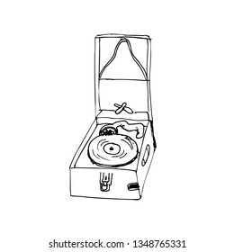 Hand drawn engraved gramophone illustration. Black and white retro musical instrument with vinyl disc. Isolated phonograph box