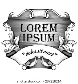 Hand drawn engraved logo, coat of arms background set with  heraldic plants and ribbons, shading shield