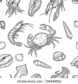 Hand drawn engraved Marine Healthy seafood background. sketch vector. Illustration Organic product