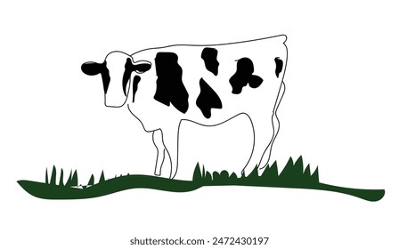 Hand drawn engraved picture of village landscape with cow in rural meadow. Scenic country view. Vintage rustic illustration