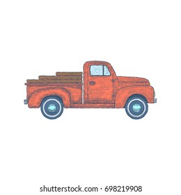 Hand drawn Engraved Retro Vintage Pickup Truck. Vector illustration